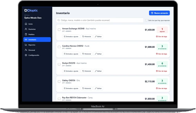 Lista del inventario con armazones, precios y existencias