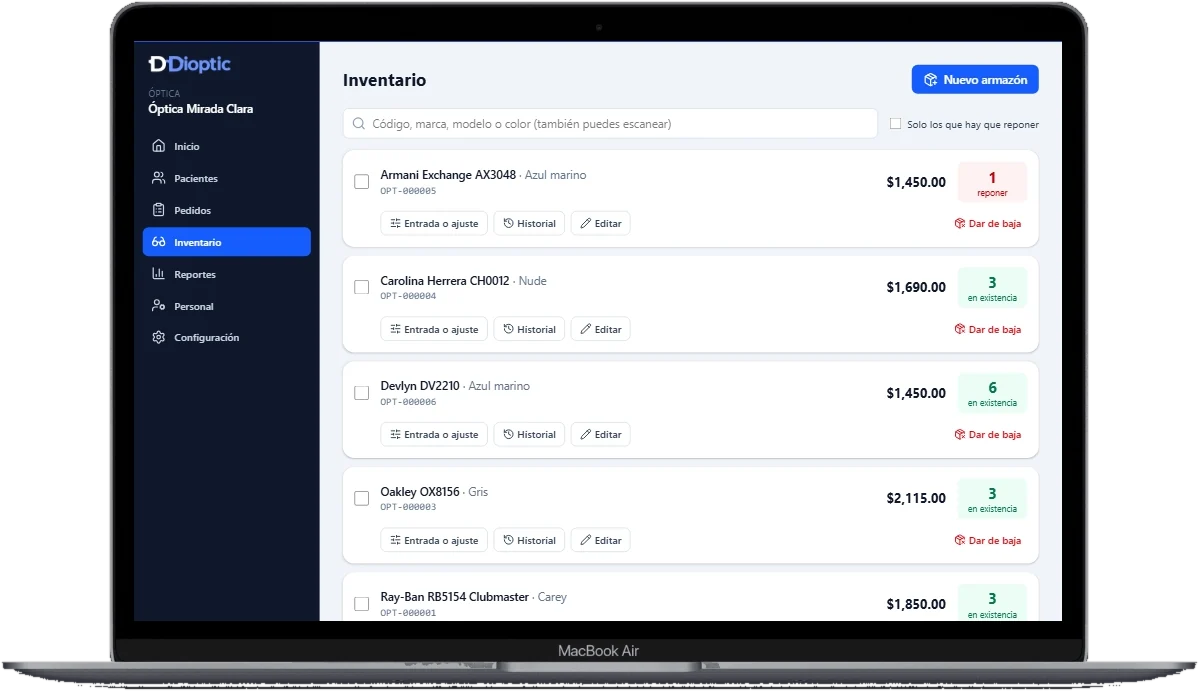 Lista del inventario con armazones, precios y existencias