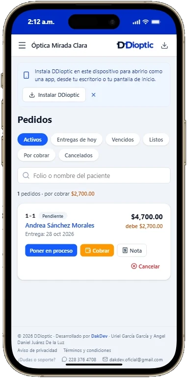 Pedidos y laboratorio en un celular