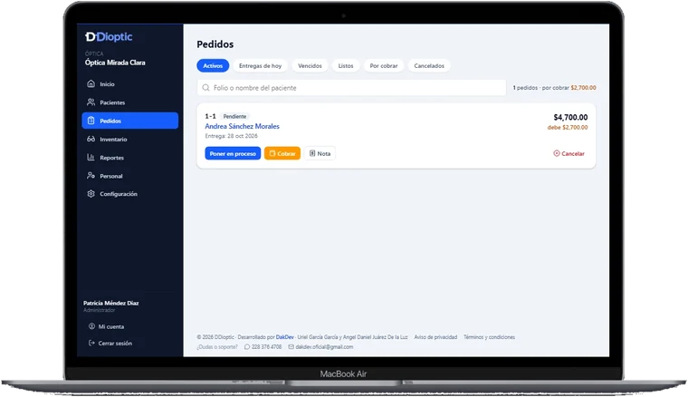 Tablero de pedidos con los trabajos activos y su saldo