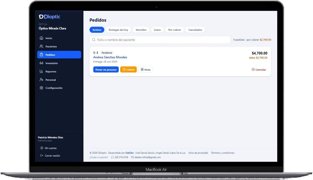 Tablero de pedidos con los trabajos activos y su saldo